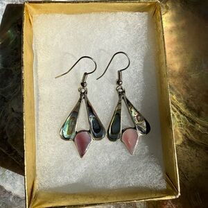Elegant Vintage Silver & Pink Teardrop Earrings with Abalone and Mother of Pearl